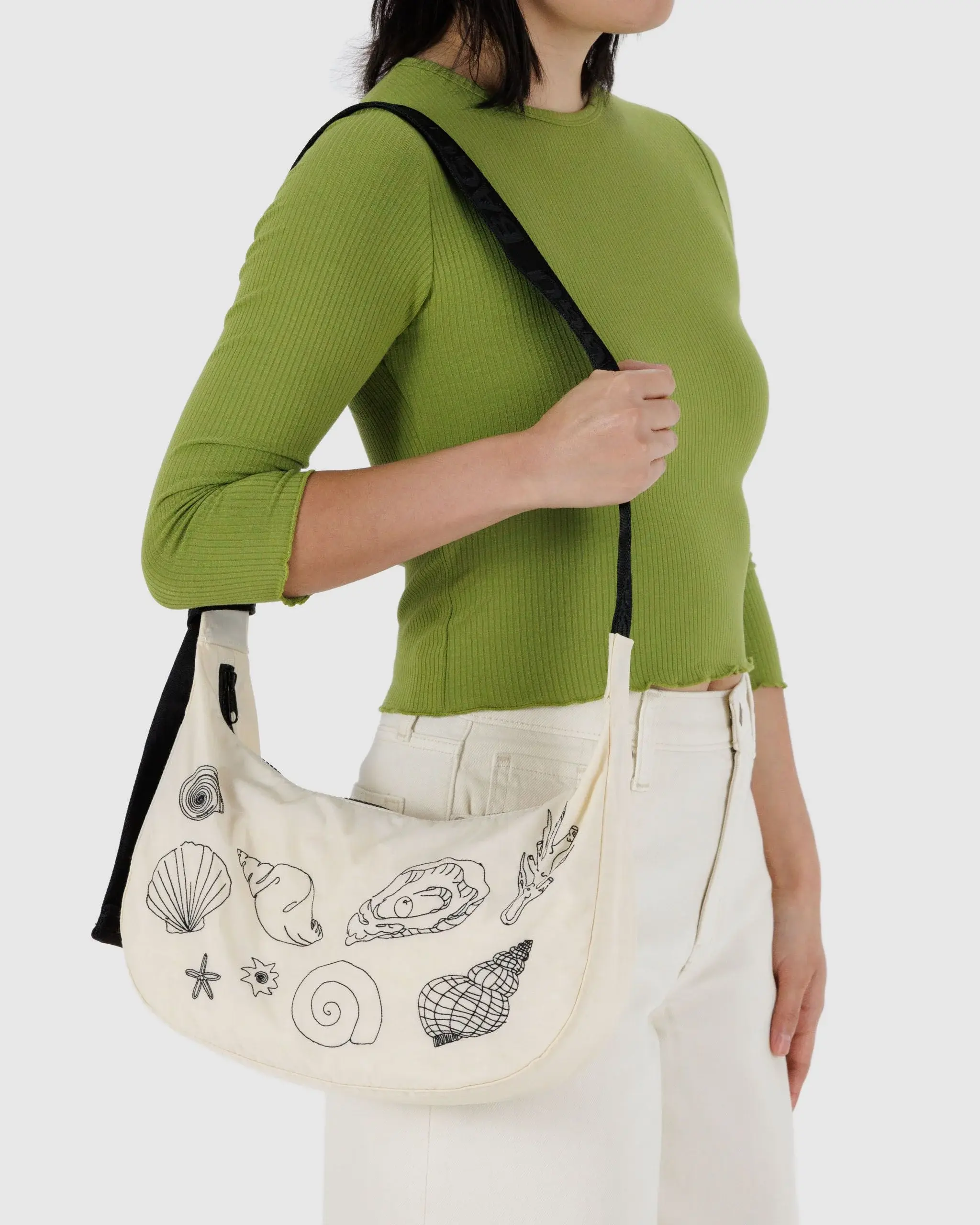 Medium Nylon Crescent Bag Embroidered Shells - Image 3